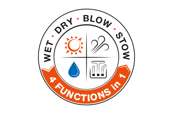 Пылесос сочетает в себе 4 функции, расширяя сферы применения: • Сухая уборка и сбор сухого мусора • Влажная уборка и сбор воды • Выдувание • Хранение аксессуаров